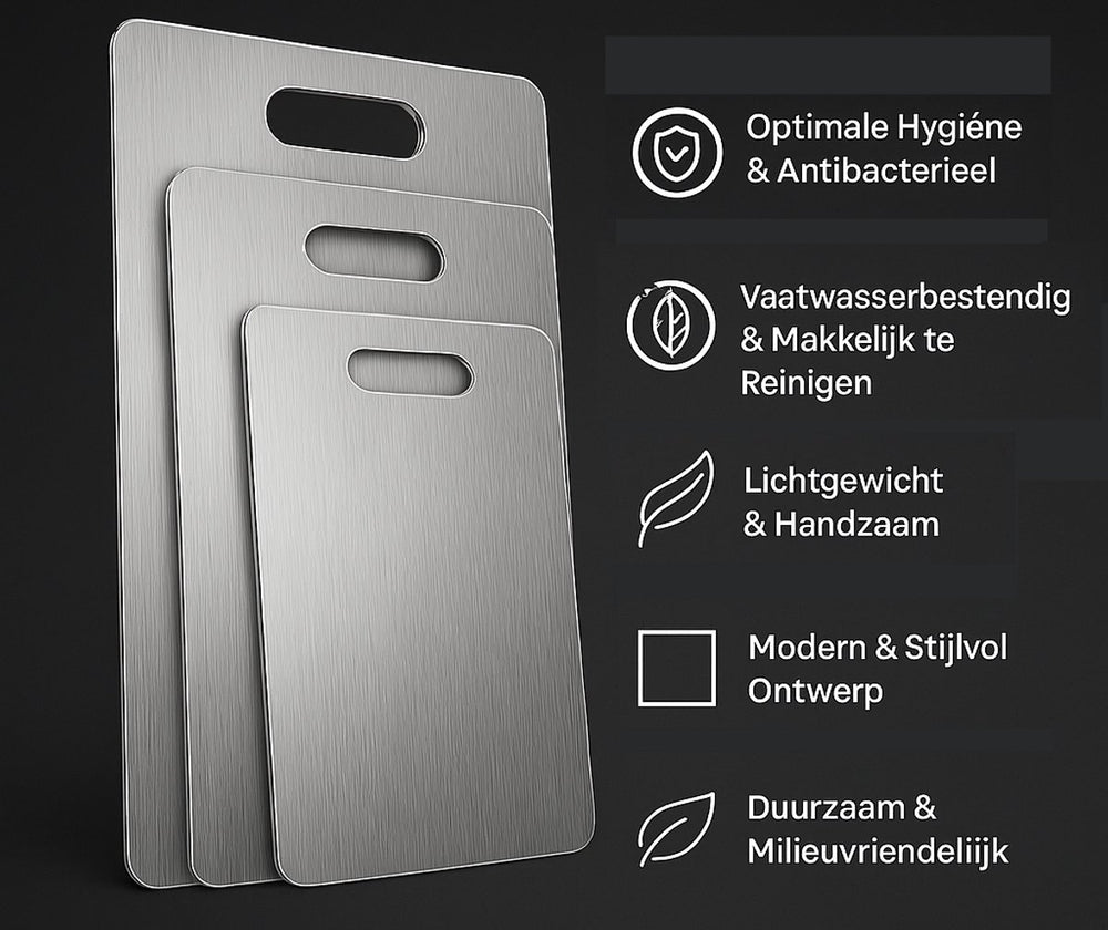 RVS Snijplanken Set – Antibacterieel en Vaatwasserbestendig – 3-delig Titanium Look