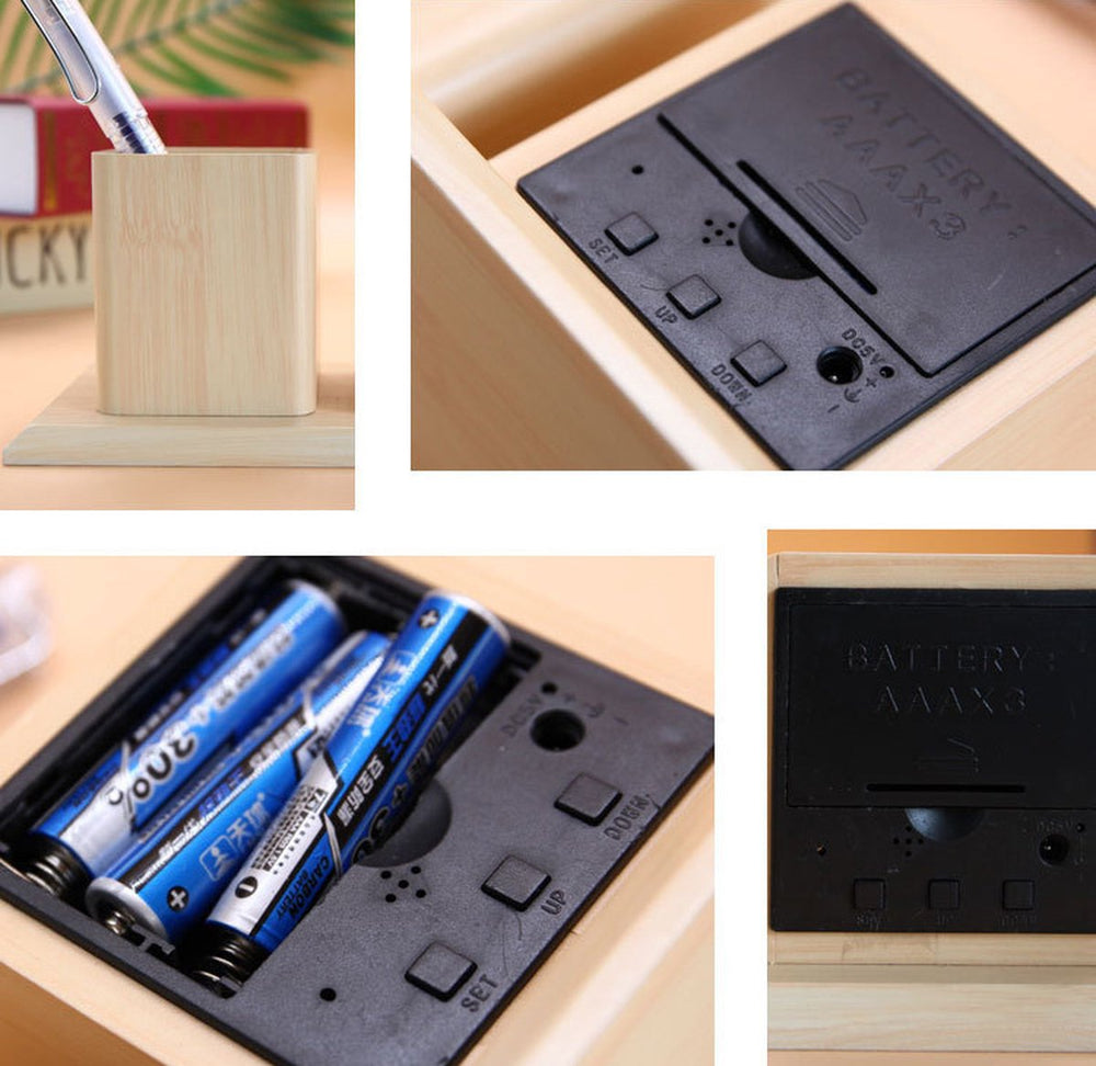 Houten Pennenhouder met Digitale Klok