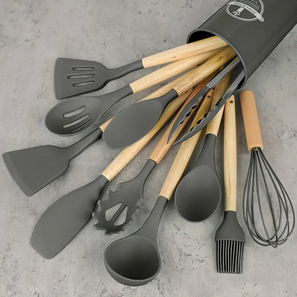 Siliconen Keukengerei Set met Houten Handvatten – 12-delig Grijs Deluxe