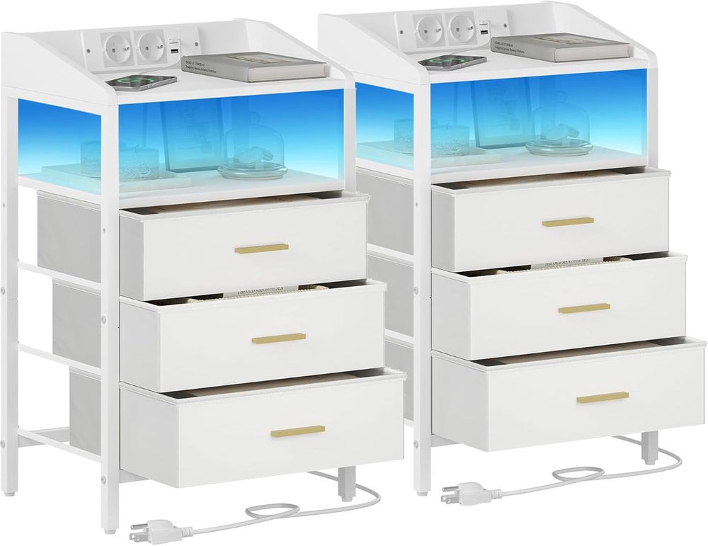 Nachtkastje met Oplaadstation en LED-verlichting – Set van 2 – Wit