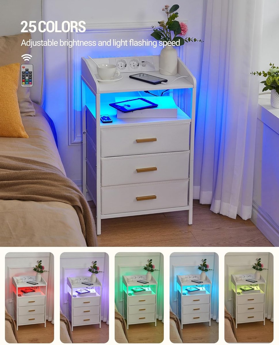 Nachtkastje met Oplaadstation en LED-verlichting – Set van 2 – Wit