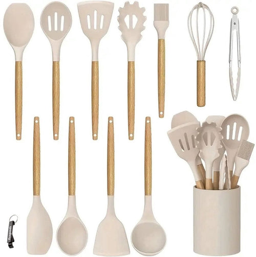 Siliconen Keukengerei Set met Houten Handvatten – 13-delig Beige