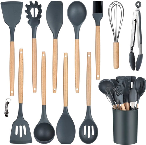 Siliconen Keukengerei Set met Houten Handvatten – 12-delig Grijs