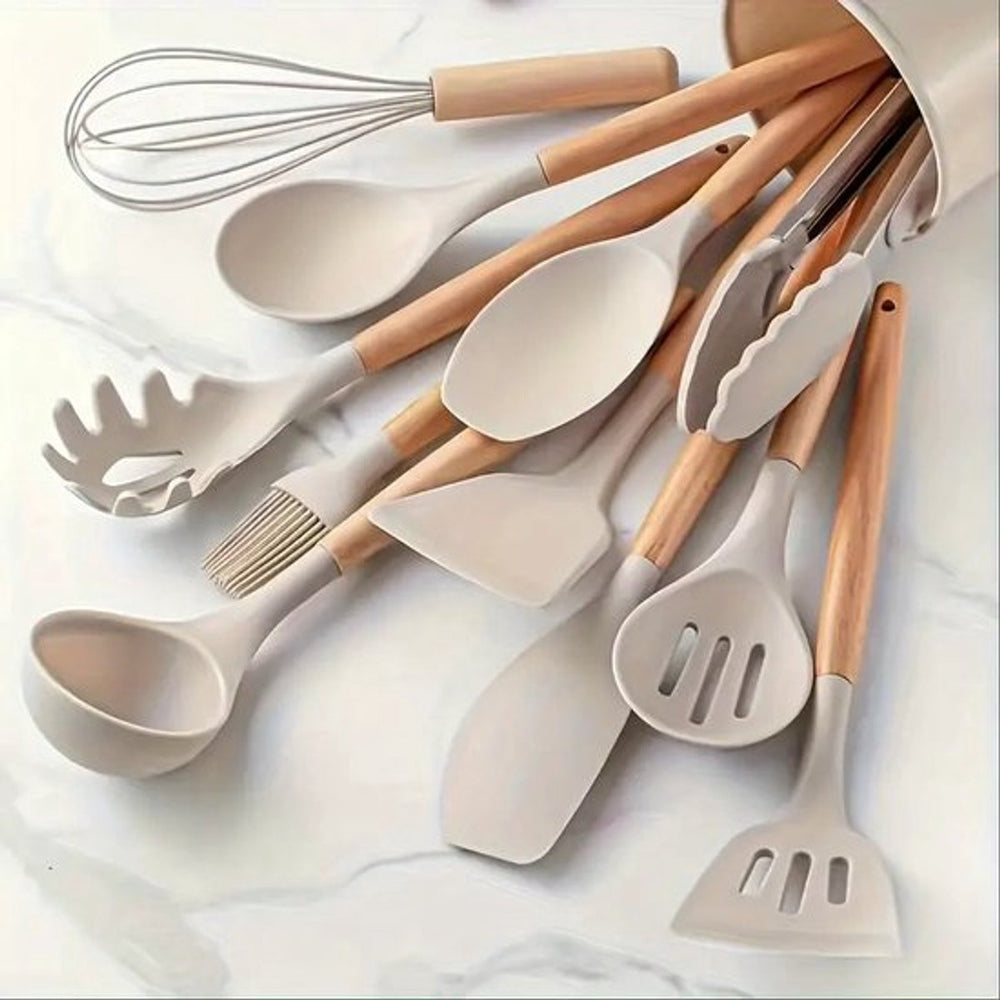 Siliconen Keukengerei Set met Houten Handvatten – 13-delig Beige
