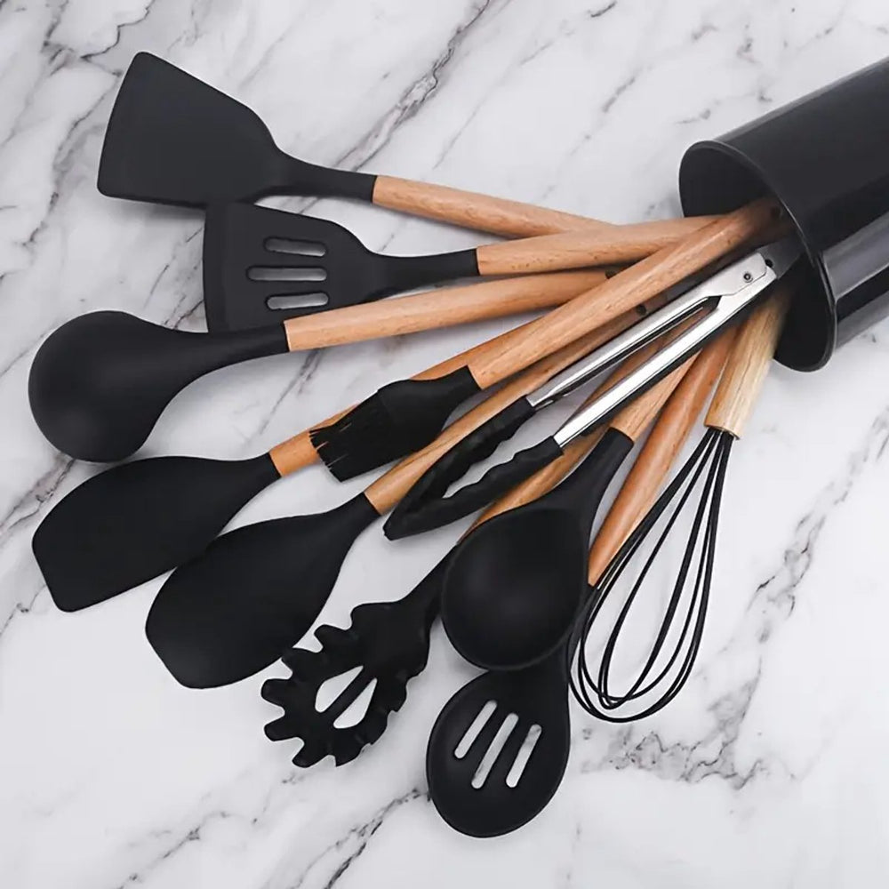 Siliconen Keukengerei Set met Houten Handvatten – 12-delig Zwart
