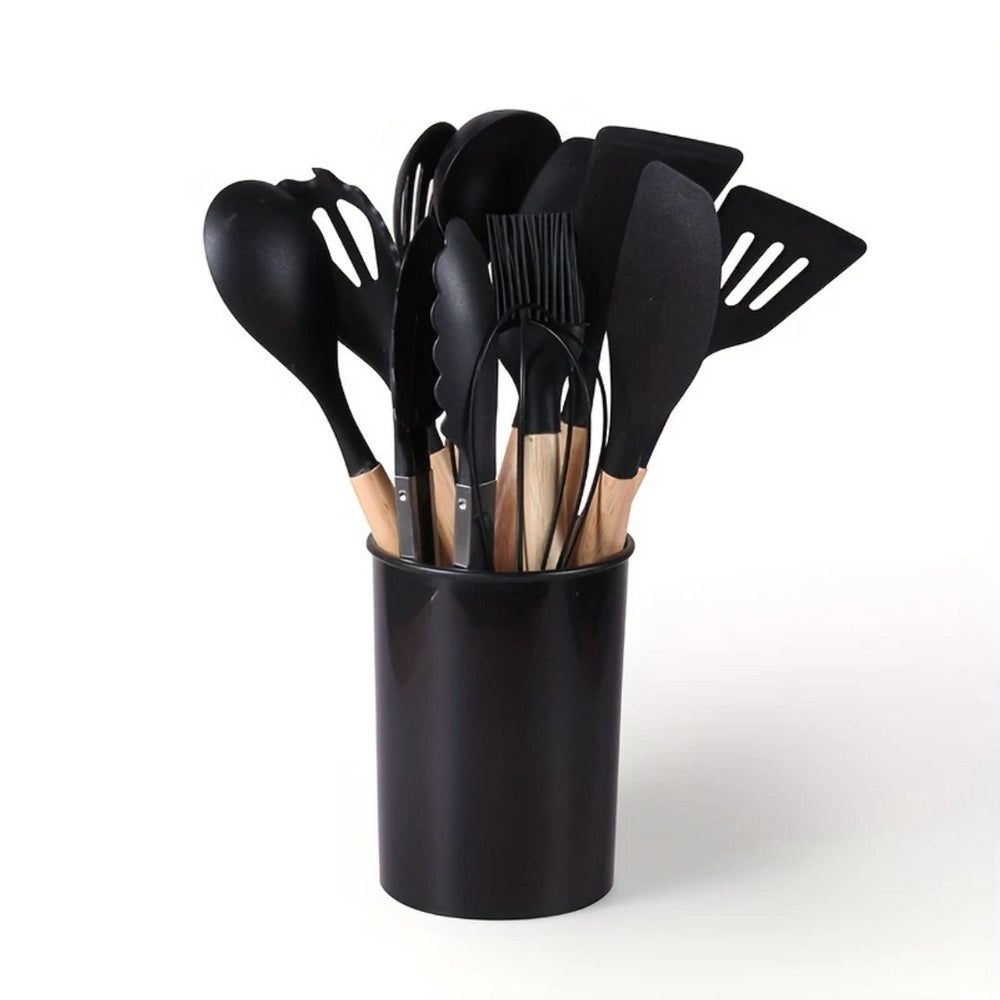 Siliconen Keukengerei Set met Houten Handvatten – 12-delig Zwart