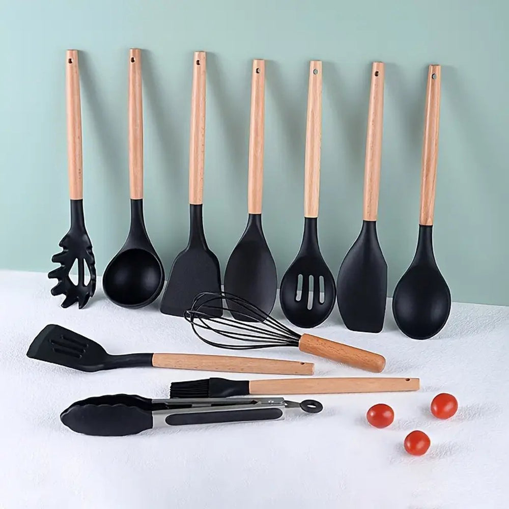 Siliconen Keukengerei Set met Houten Handvatten – 12-delig Zwart