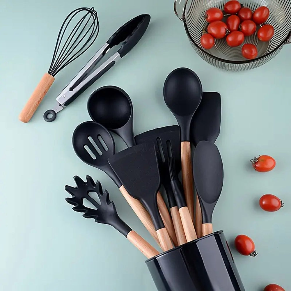 Siliconen Keukengerei Set met Houten Handvatten – 12-delig Zwart