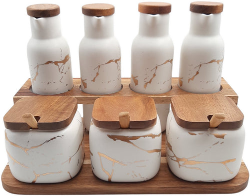 Keramische Kruiden- en Olieset 7-delig op Bamboe Tray – Wit Goud
