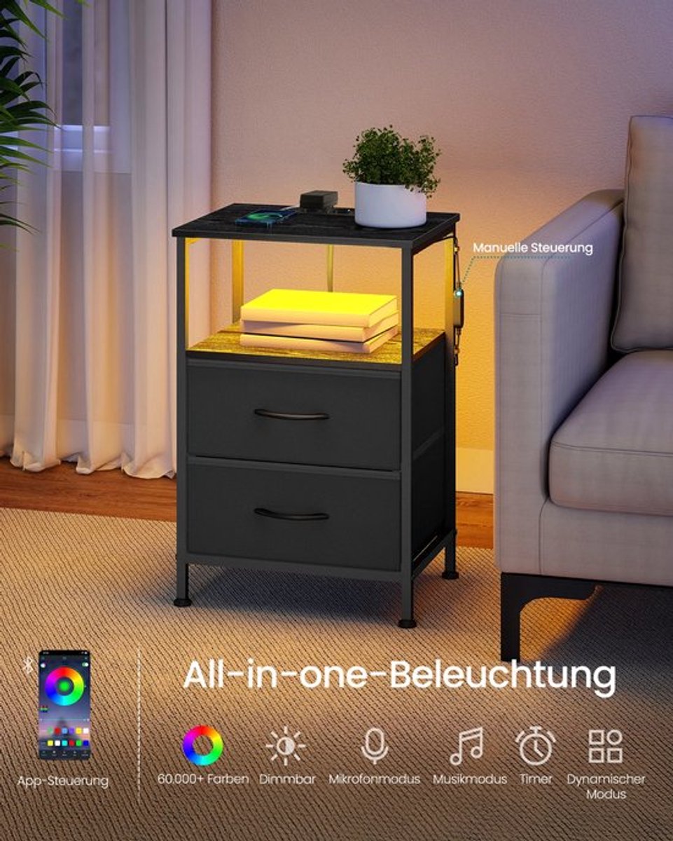 Nachtkastje met Oplaadstation en LED-verlichting – Zwart
