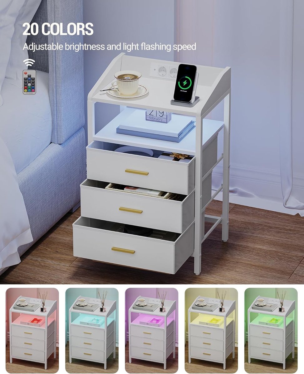 Nachtkastje met Oplaadstation en LED-verlichting – Set van 2 – Wit