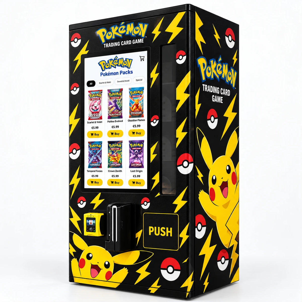 Toonbank-editie: zwarte Pokémon vending machine met gele bliksems en Pikachu, touchscreen, gele betaalterminal en PUSH-klep