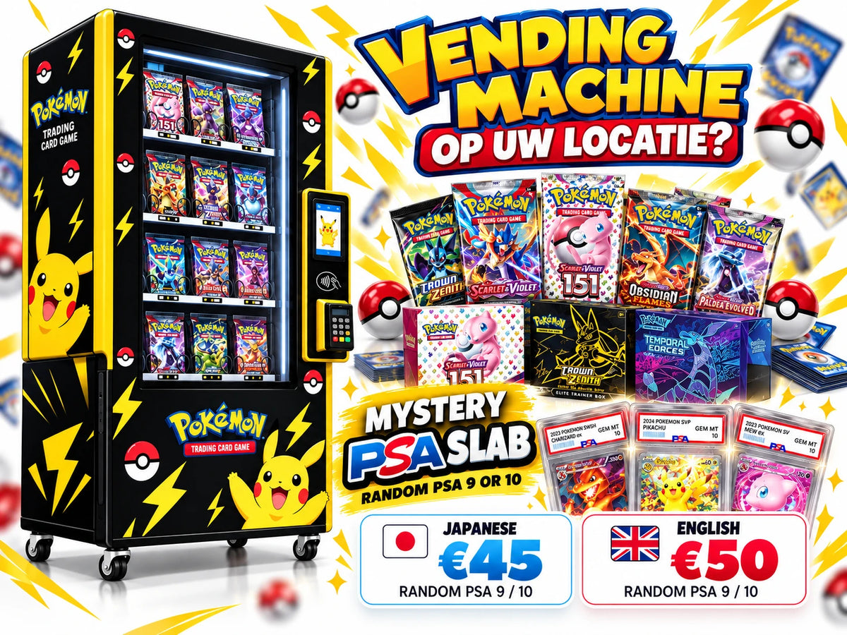 Pokémon vending machine op uw locatie, met boosters, boxen en Mystery PSA Slabs