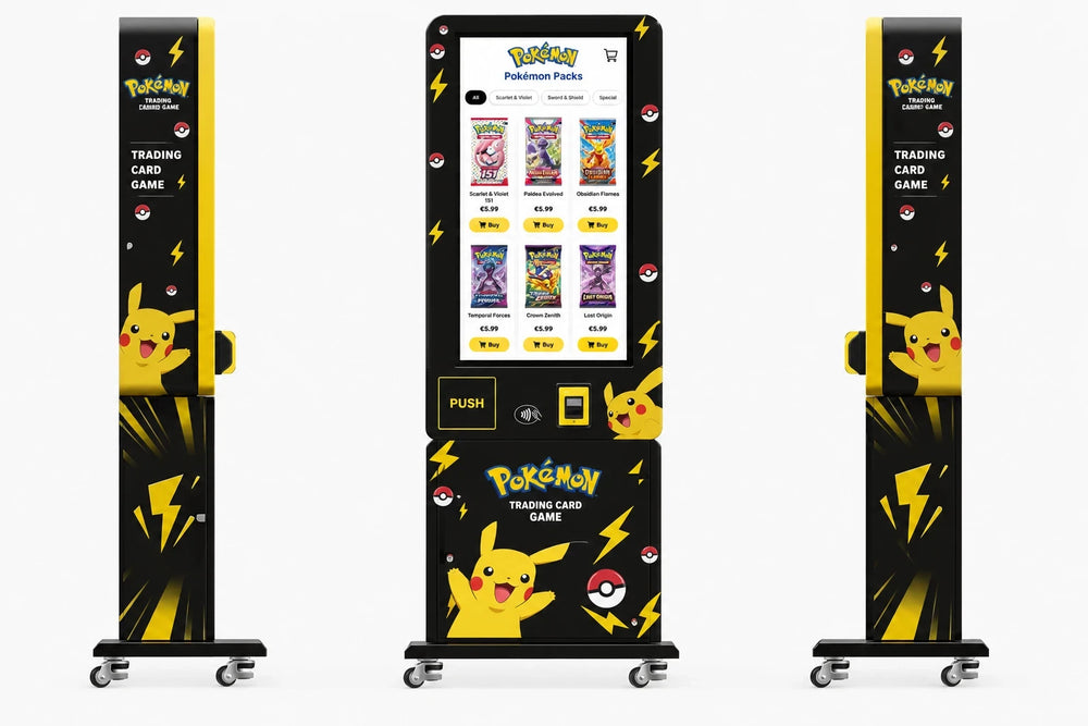 De grote Pokémon vending machine van FluxGoods met touchscreen, van voren en van opzij