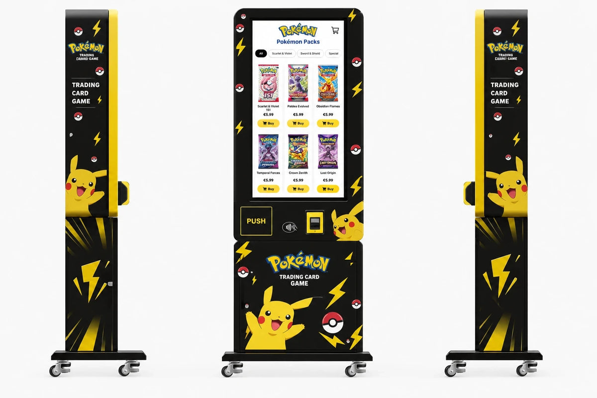 De FluxGoods Pokémon vending machine, van voren en van opzij